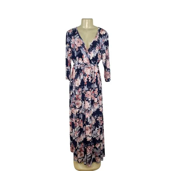 pink blush navy floral dress French Blue Column Floral Print Maxi Dress
